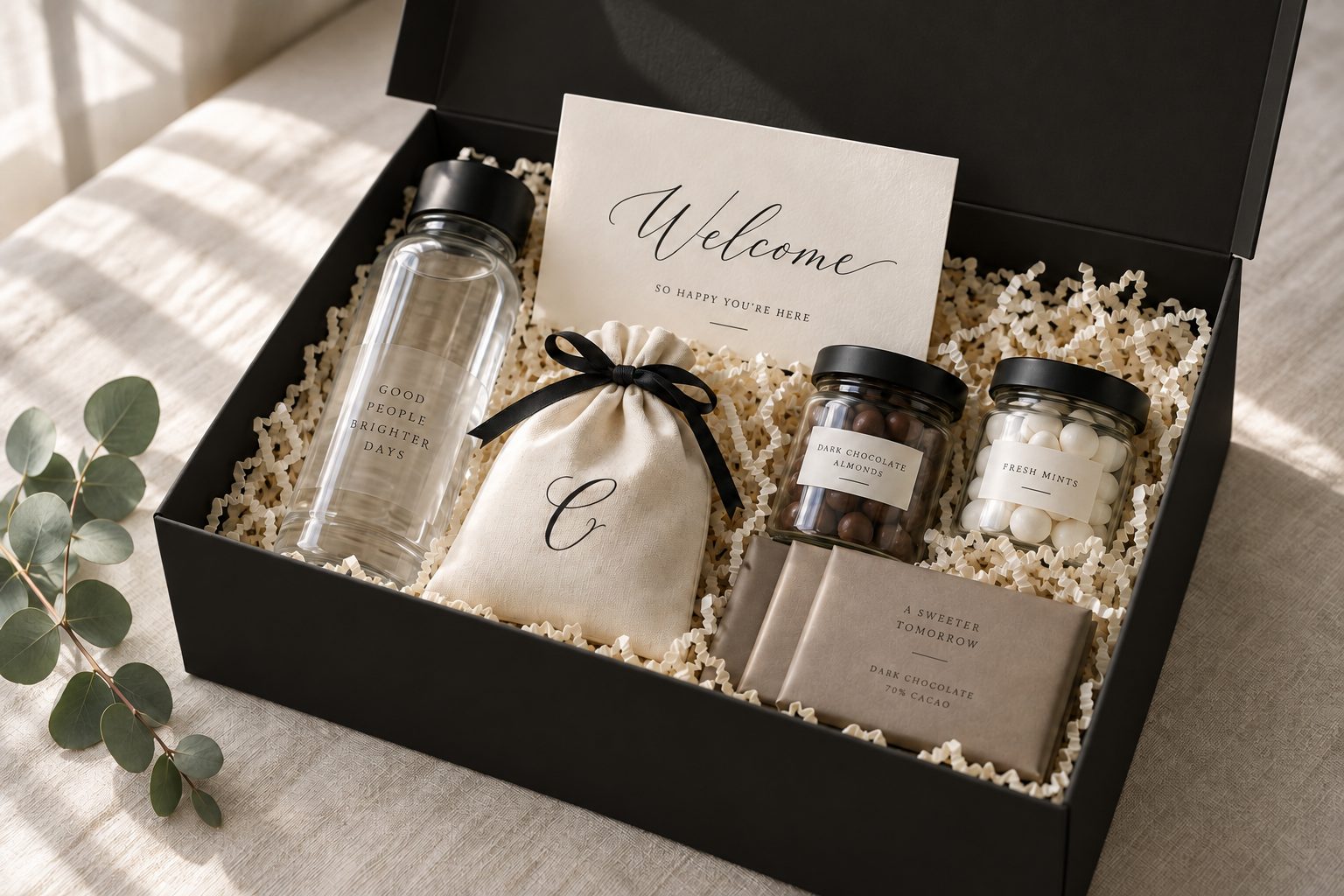 Open matte black CAMEO gift box with a cotton bag, water bottle, treat jars, chocolates and a welcome card inside