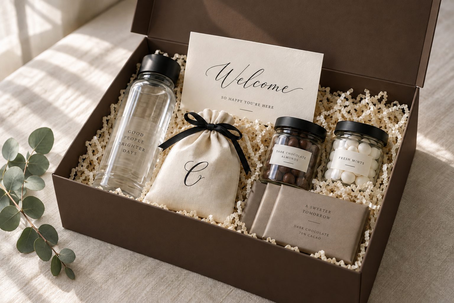 Open dark chocolate brown CAMEO gift box with a cotton bag, water bottle, treat jars, chocolates and a welcome card inside
