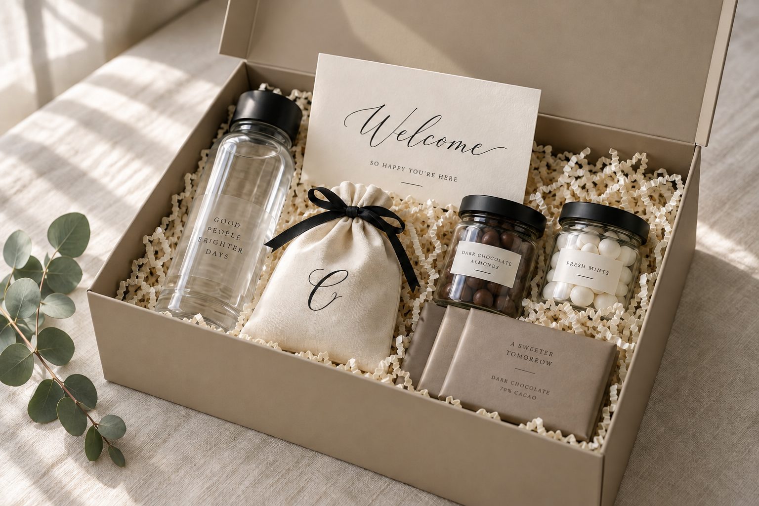 Open warm taupe CAMEO gift box with a cotton bag, water bottle, treat jars, chocolates and a welcome card inside