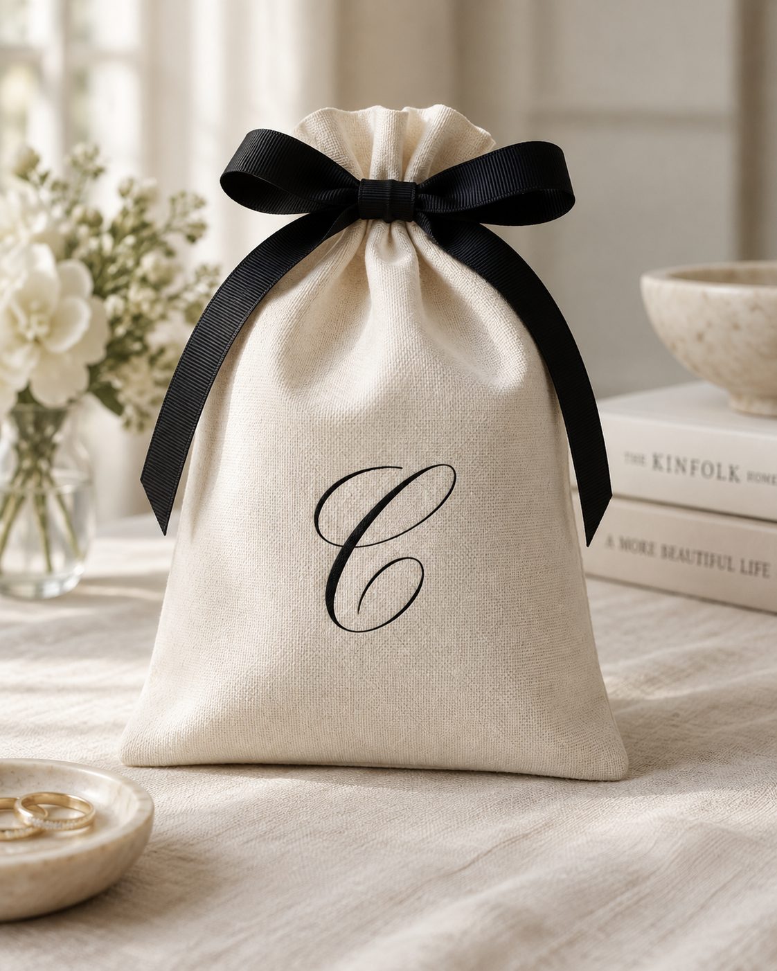 Ivory cotton drawstring bag with black ribbon and C monogram