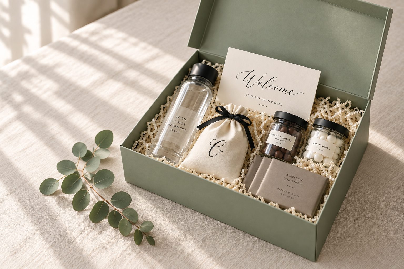 An open sage CAMEO gift box on ivory linen, holding a cotton gift bag, water bottle, treat jars, chocolates and a welcome card