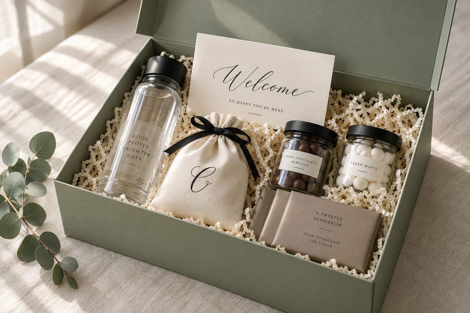 Open sage green CAMEO gift box with a cotton bag, water bottle, treat jars, chocolates and a welcome card inside